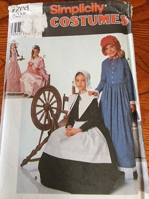 Colonial Pilgrim Girl's Costume Simplicity 9708 Century Dress Bonnet Apron S,M,L - Image 1 of 3