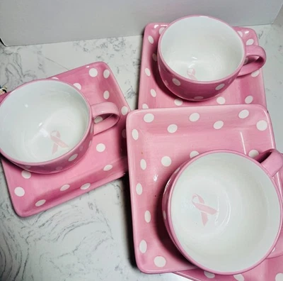 Juegos de tazas y platos Pampered Chef rosa y blanco a lunares (3) cinta rosa 🎀 Foto 1 de 4
