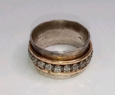 Anel giratório de prata esterlina 925 e ouro amarelo 9K meditação ansiedade - Tamanho 9,5 - Imagem 1 de 4