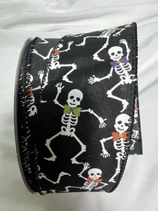 10 Yards 2.5 Inch Wired Ribbon Black Green Orange Purple Skeleton Halloween Fall - Picture 1 of 1