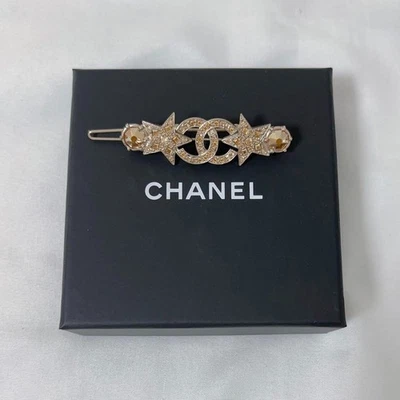 Chanel Gold Star Crystal CC Coco Mark Logo Rhinestone Barrette Hair Clip w/Box - Image 1 of 2