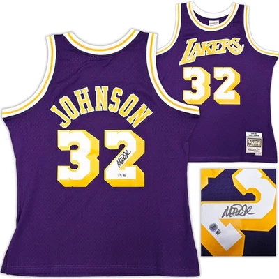 Lakers Magic Johnson Auto Purple Mitchell & Ness 1984 Swingman Jersey XL Beckett - Image 1 of 4