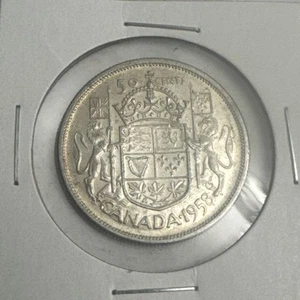 Canada 1958 50 Cents Silver Coin Elizabeth II Laurel Portrait - 80% Silver - Bild 1 von 2
