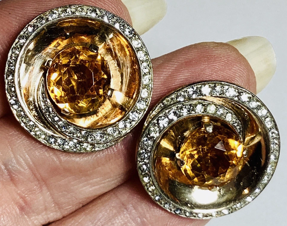 Antique VTG Crown TRIFARI Sterling Silver Signed Topaz &Clear Crystal Shoe Clips - Image 1 of 4