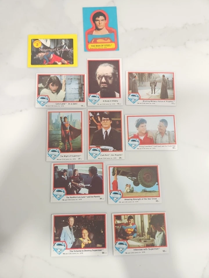 1978 Superman The Movie Card Lot (11) + 1983 Superman III Sticker (1) - C. Reeve - Image 1 of 4