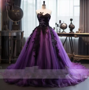 Purple Tulle Black Lace Edge Applique Full Length Lace Up Back Wedding Dress - Picture 1 of 9