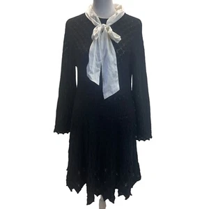 Alice + Olivia Gin Black Pointelle Lace Knit Bow Dress Size Large Wool Silk Twee - Picture 1 of 18