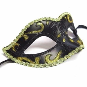 Adults Black Masquerade Mask With Gold Trim - Fancy Dress Party Venetian - Picture 1 of 2