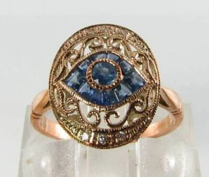 9CT9K ROSE GOLD SAPPHIRE DIAMOND ALL SEEING EYE CLUSTER ART DECO INS RING Size O - Picture 1 of 5