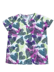Womens Fashion Medical Nursing Scrub Print Tops Colorful Based Black Heart M - Picture 1 of 2