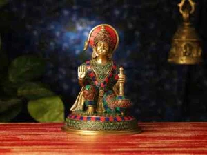 Brass Hanuman Statue With Stone Work Lord Bajrang Bali Murti Pooja Home Decor - Picture 1 of 6