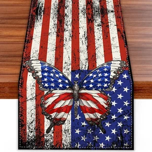 Linen Red White and Blue Butterfly Memorial Day Table Runner 72 Inches Long 4Th - Picture 1 of 12