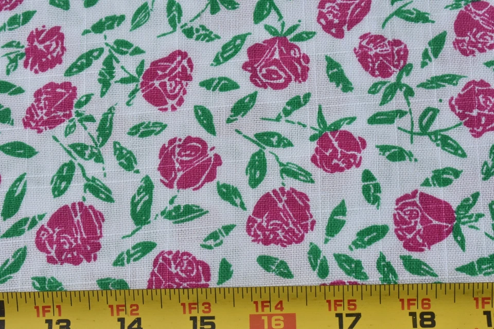 By 1/2 Yd, Vintage, Rose & Green Floral on White Linen-Look Cotton, Omega, P8699 - Image 1 of 4
