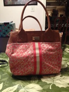 Tommy Hilfiger Red Canvas & Leather Dual Straps Handbag Satchel Pocketbook Bag - Picture 1 of 7