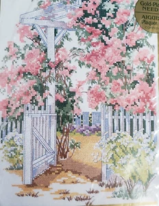 VINTAGE Bucilla Stamped Cross Stitch Kit Floral Arbor #42357 1999 OPENED - Picture 1 of 9