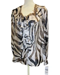 Anne Klein Suit 100% Silk Womens Size 12 Animal Abstract Print Blouse Ruffle VTG - Picture 1 of 11
