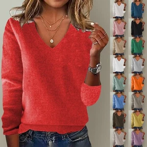 Women's Solid Color Loose Pullover One Word Shoulder Hood V Neck Sweater - Picture 1 of 75