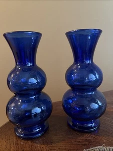 Set Of 2 Vintage Cobalt Blue Double Bubble Glass Vases 6" Made In USA - Picture 1 of 11