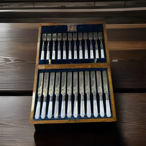 BOXED SET OF DECORATIVE  EDWARDIAN  MOTHER OF PEARL  CUTLERY 24 KNIVES & FORKS - Picture 1 of 16