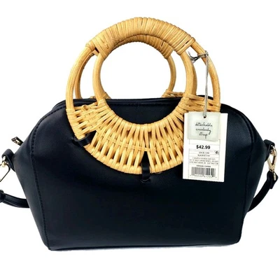 Rattan Circle Handle Satchel Purse Handbag  Black Detachable Crossbody Strap NWT - Image 1 of 4