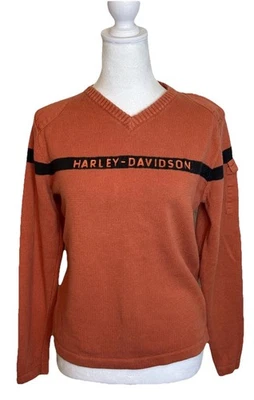 Suéter tejido Harley Davidson de colección raro para mujer talla mediana naranja negro deletreado Foto 1 de 4