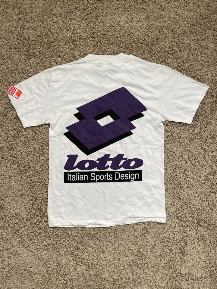 Новый с Ярлыками винтажный 90-х LOTTO белый фиолетовый логотип футболка одиночный прошитый размер маленький - Изображение 1 из 4
