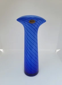 VINTAGE RIKARO CZECH BLUE ART GLASS TALL STRIPED VASE - Picture 1 of 9