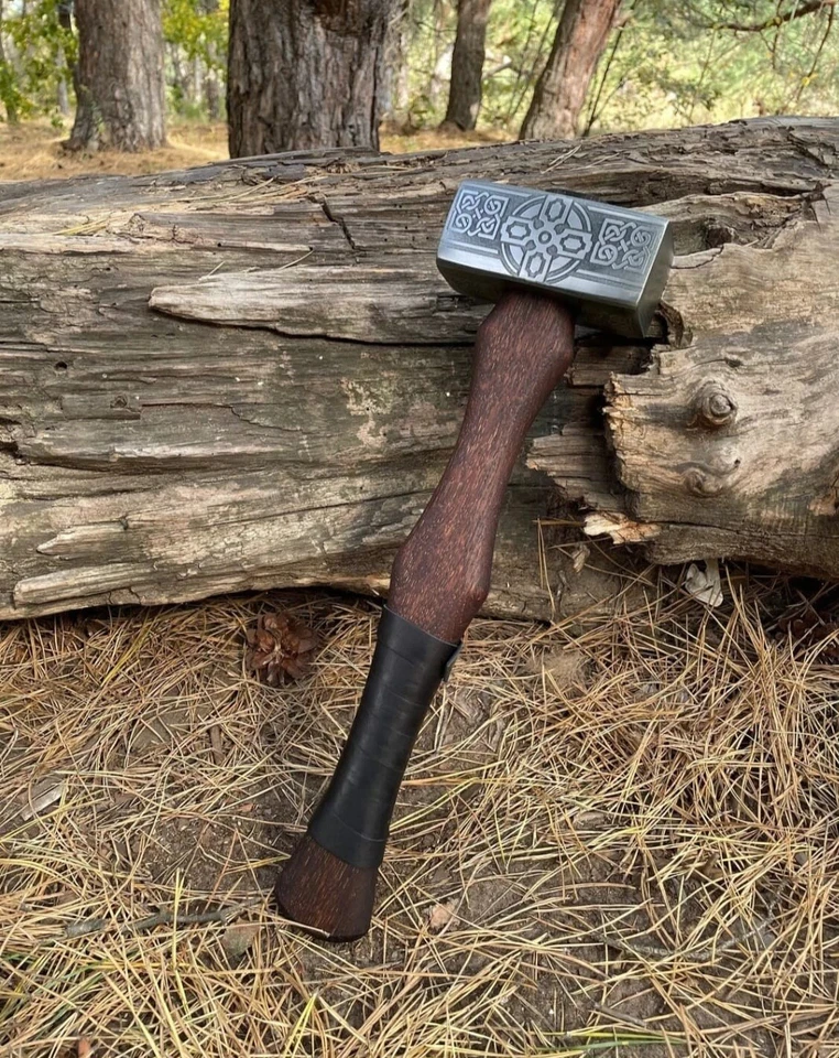 CUSTOM HANDMADE DAMASCUS STEEL VIKING HAMMER VALNUT, MJOLNIR HAMMER. - Image 1 of 4
