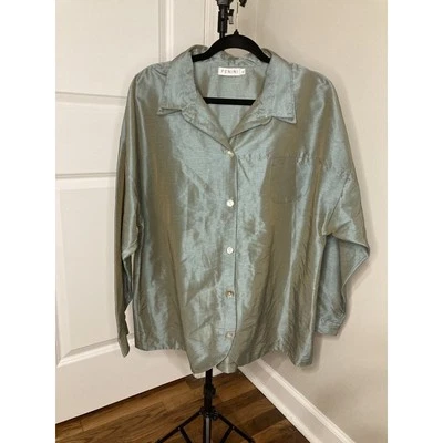 Top Fenini para mujer manga larga abotonada XL dos tonos rayón iridiscente vintage EE. UU. Foto 1 de 4