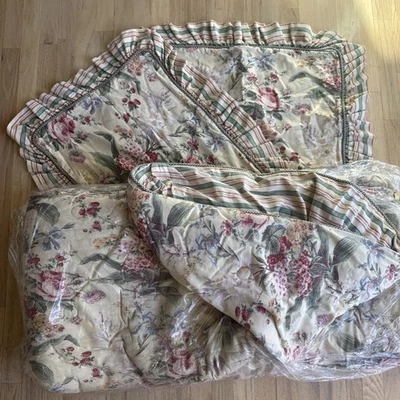 Waverly Queen Comforter Set Floral Stripes Ruffles Cotton Dry Clean Reversible - Image 1 of 4