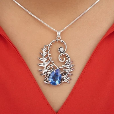 Colgante de plata de diseño de piedras preciosas de tanzanita de 1,8" joyería para regalo de San Valentín Foto 1 de 4