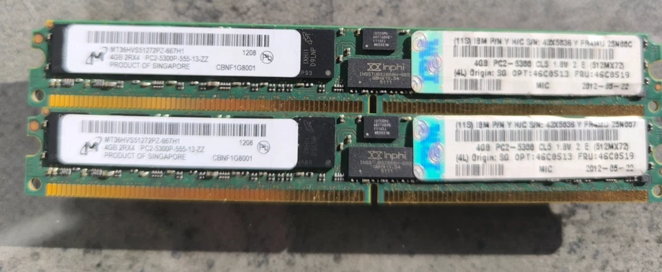 SERVER 4GBx2 IBM 46C0519 DDR2-667 PC2-5300P ECC Reg RAM MT36HVS51272PZ-667H1 - Image 1 of 4