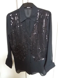 Vintage georgette, black shirt with attached sequinned waistcoat, size 34/36 - Picture 1 of 5