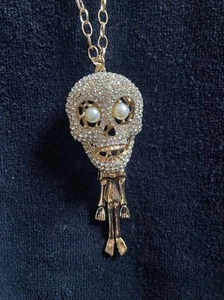 Awesome SKULL Dancing Skeleton Rhinestone Halloween Gold  Necklace Crystal - Picture 1 of 5