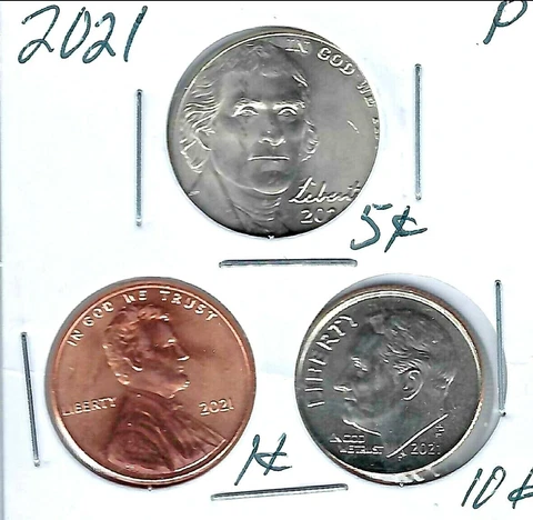 2021 Three Philadelphia Brilliant Uncirculated  Cent, Nickel & Dime Coins! Cover