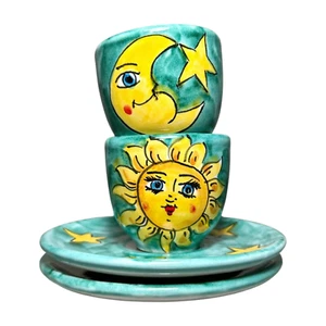 Handmade Italian Espresso Cups & Saucer, Set of 2 - Celestial Sun & Moon Design - Picture 1 of 5