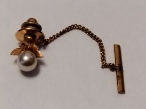 Vintage gold metal flower sunburst glass pearl bead tie lapel pin. Gift