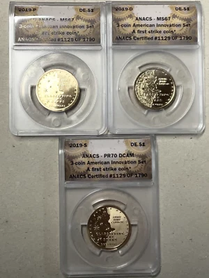 2019 American Innovation Dollar 3 coin set # 1129 - PR70 DCAM  MS67 ANACS Unc  - Image 1 of 4