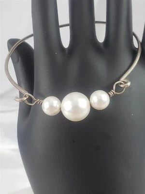 Vintage Sterling Silver 12mm Faux Pearl Bangle Bracelet 7" - Image 1 of 3