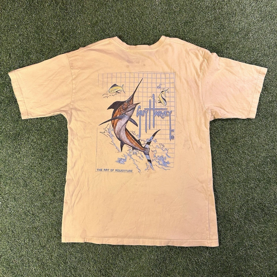Guy Harvey Shirt Men Med Yellow Marlin Fish Graphic Back Pocket Logo Front Tee - Image 1 of 4