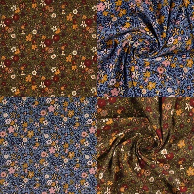 Cord Feincord Blumen Meterware Webware Baumwollstoff bunt dezent blau oliv - Bild 1 von 2