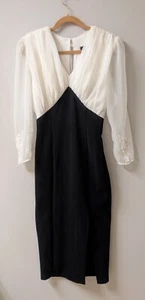 Vintage 80's Black White Ruched Chiffon Dynasty Midi Dress Slit S/M - Picture 1 of 15