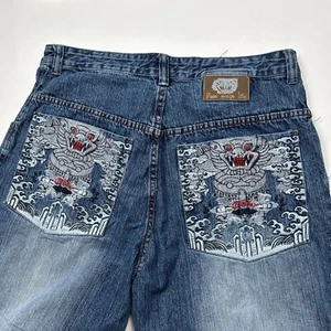 VTG Paco Jeans 36x32 Baggy Dragon Embroidered wide-leg Devil blue Y2K Grunge - Picture 1 of 9