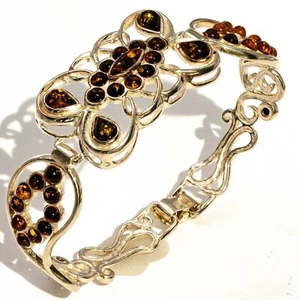 925 Solid Sterling Silver Green Baltic Amber Designer Large Pretty Bangle 7 in - Picture 1 of 3