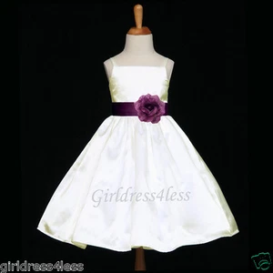 IVORY/PLUM PURPLE SPAGHETTI STRAPS WEDDING FLOWER GIRL DRESS 12M 2 3/4 6 8 10 12 - Picture 1 of 2