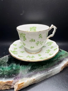 Vintage AYNSLEY Fine China England Krokusform grünes Kleeblatt Set Tasse & Untertasse - Bild 1 von 12