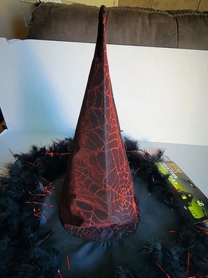 Sombrero de bruja vintage de Halloween plumas negras rojas brillantes 2000 Kmart Foto 1 de 4