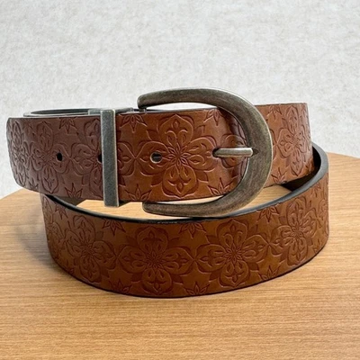 Womens Reversible Belt Faux Leather Brown Embossed Floral Black Size 38-40 - Image 1 of 4