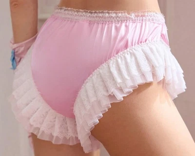 Sissy Pink Soft Satin Pleated Deep Lace Leg Lolita Panties 28-36" - Image 1 of 4