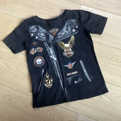 Chaqueta de cuero para motocicleta Harley Davidson negra talla juvenil (S) camiseta calavera llamas Foto 1 de 4